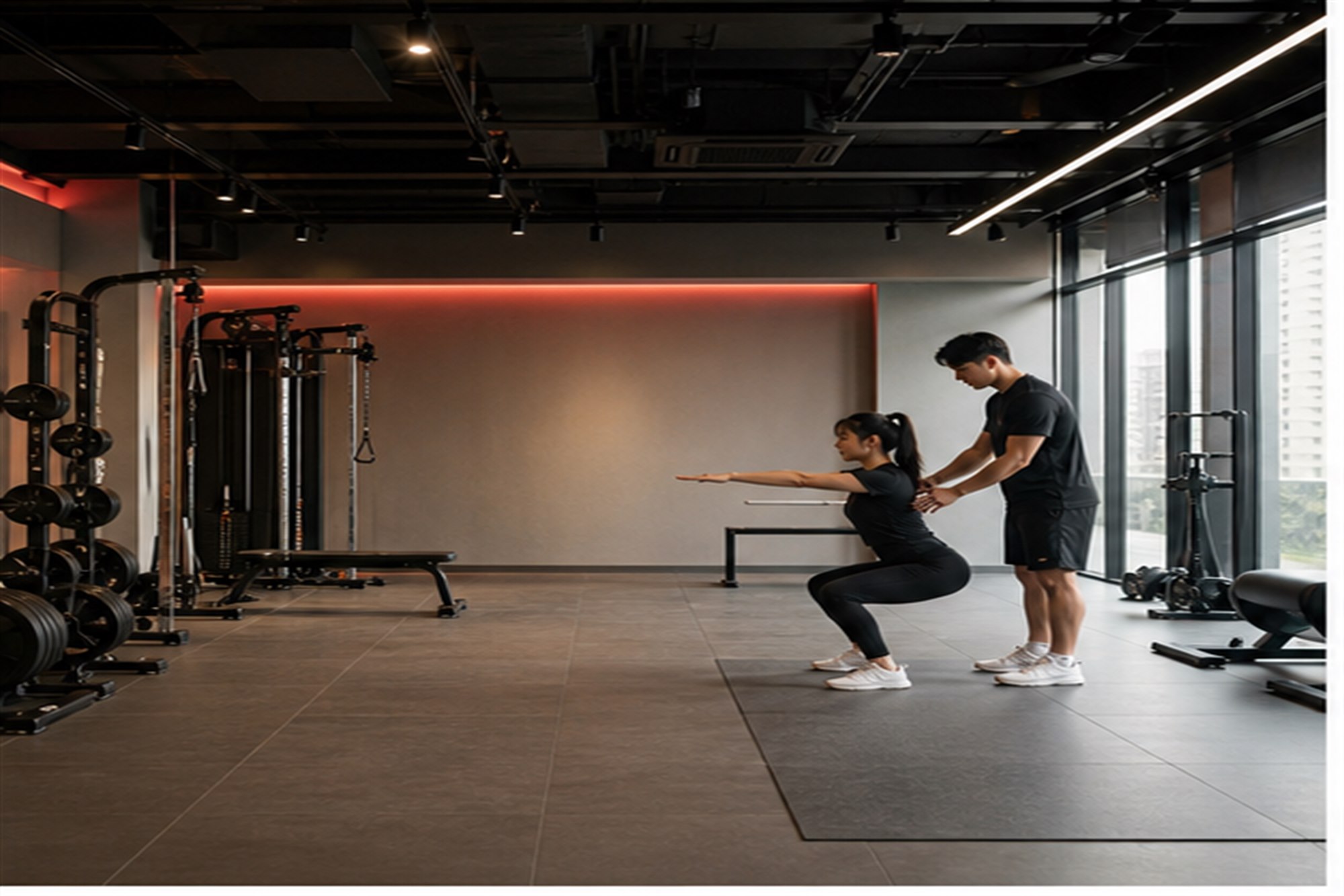 트레이너가 초보자의 자세를 봐주는 개인 PT 스튜디오