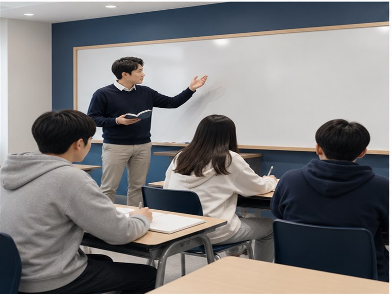 소규모 영어 수업이 진행되는 밝은 교실